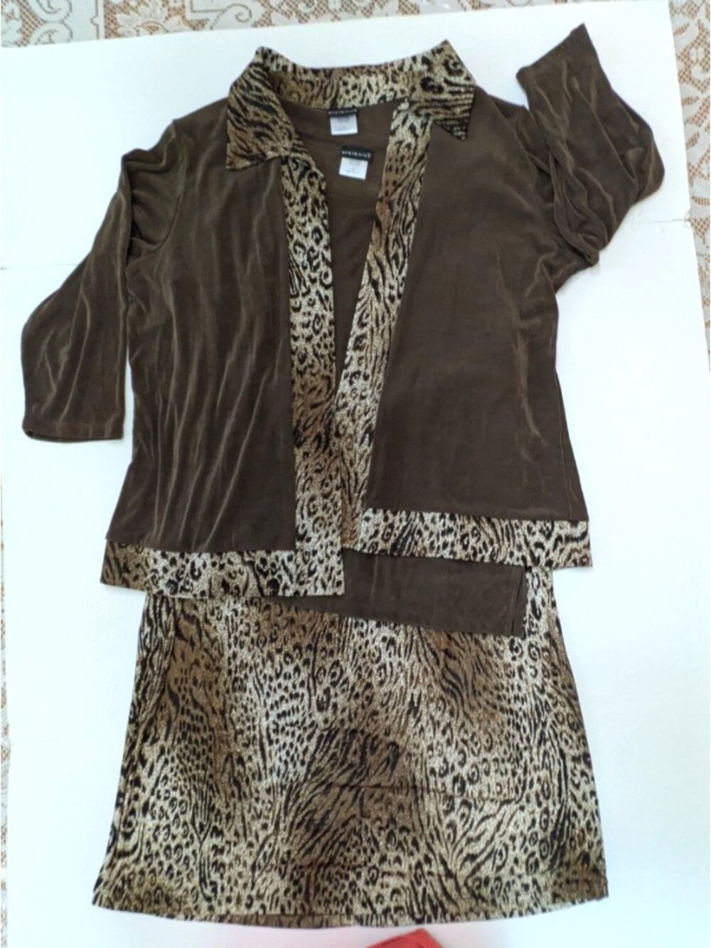 Citiknits Brown Leopard 3 Pc Outfit Size 1X Skirt Tank and Open Jacket Cardigan